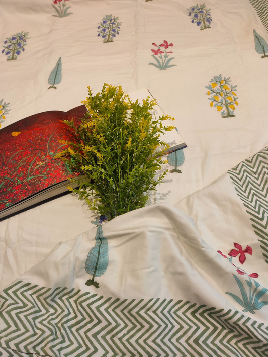 DEWLEAF DOHAR FOR DOUBLE BED WHITE MULTI BOTANICAL 90 x 108 IN