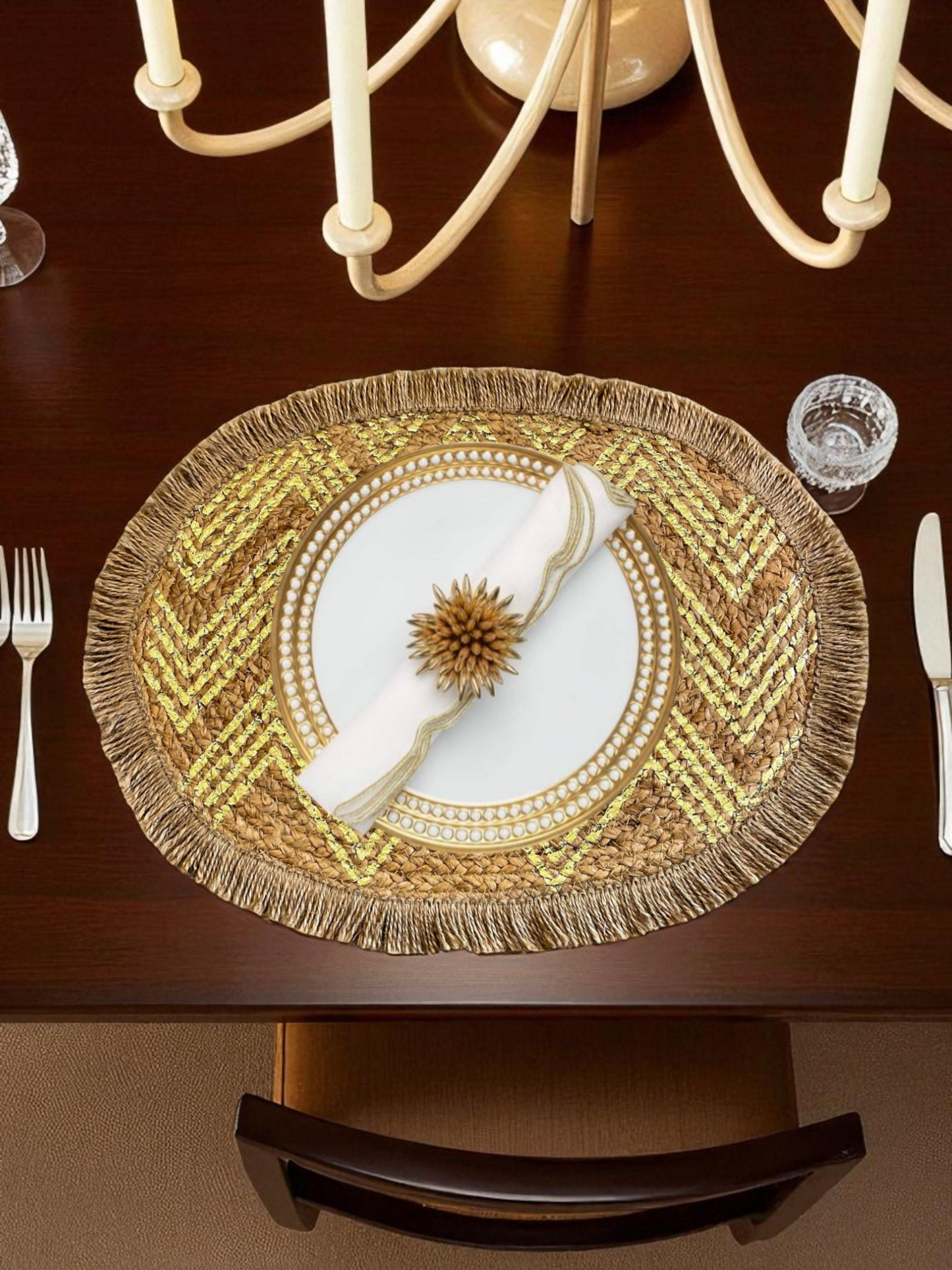 RIPPLED OVAL TABLE MAT GOLD & NATURAL (PER PC)