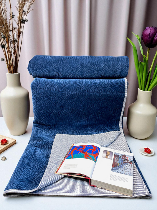 NOBLE BLUE BEDSPREAD WITH 2 CUSHION COVERS NAVY BLUE 90 x 108 IN