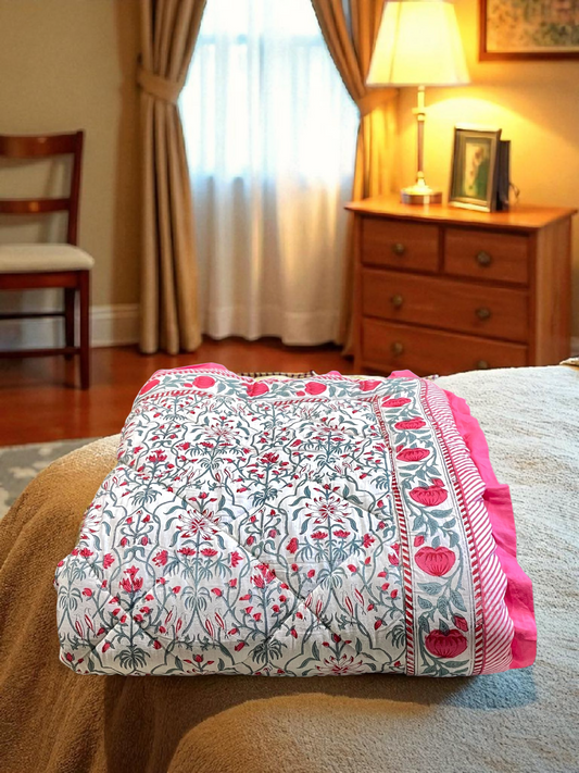 DEWDROP QUILTED COMFORTER SINGLE IVORY & MAGENTA PINK 54 x 90 IN