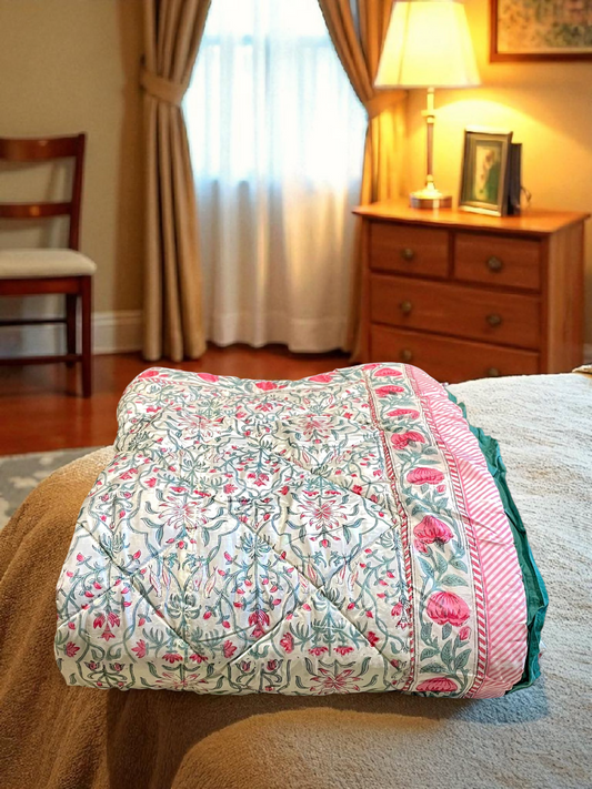 DEWDROP QUILTED COMFORTER SINGLE IVORY & GREEN 54 x 90 IN