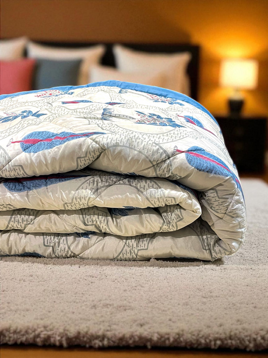 DELPHINA QUILTED COMFORTER IVORY WITH BLUE 90 x 108 IN