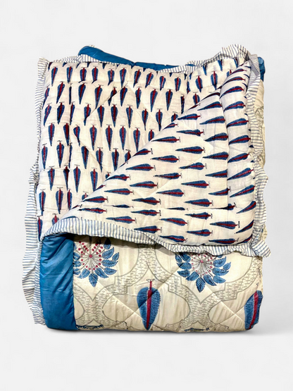 DELPHINA QUILTED COMFORTER IVORY WITH BLUE 90 x 108 IN