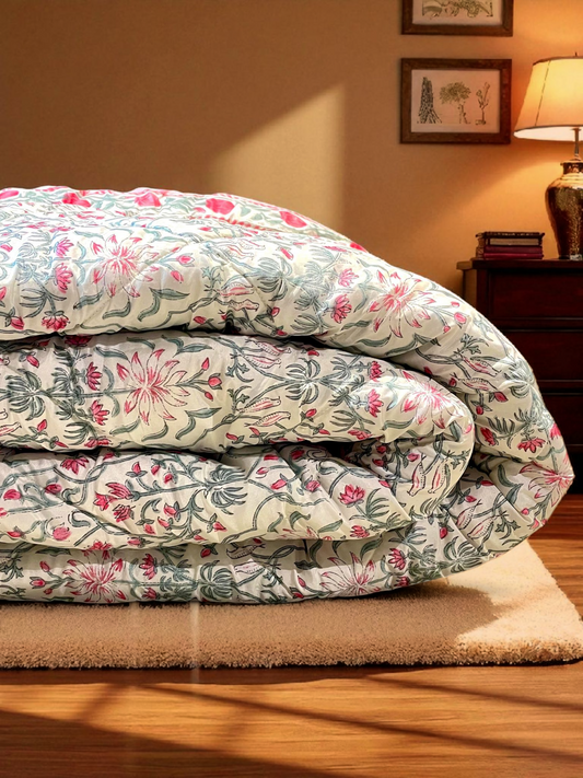 NIRVANA QUILTED COMFORTER IVORY WITH RED 90 x 108 IN