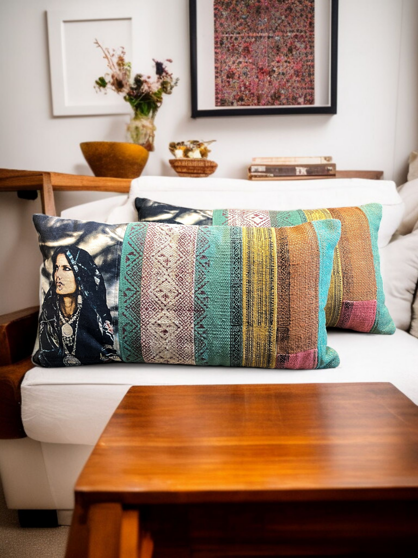 DHARANI LUMBER CUSHION TURQUOISE MULTI 23 x 12 IN