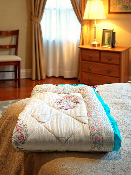 DAWN QUILTED COMFORTER  SINGLE SOFT IVORY & TURQOISE 54 x 90 IN