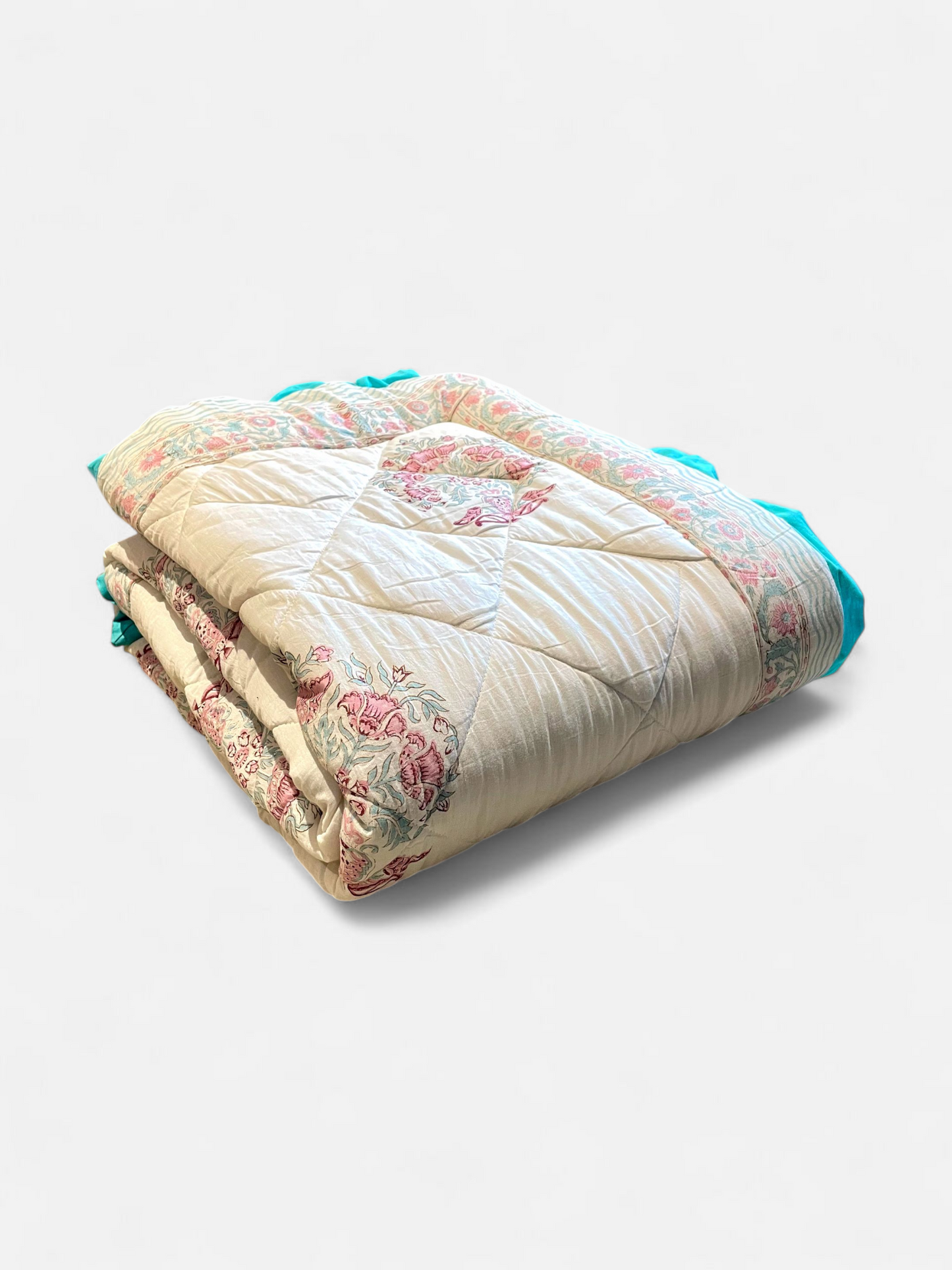 DAWN QUILTED COMFORTER  SINGLE SOFT IVORY & TURQOISE 54 x 90 IN