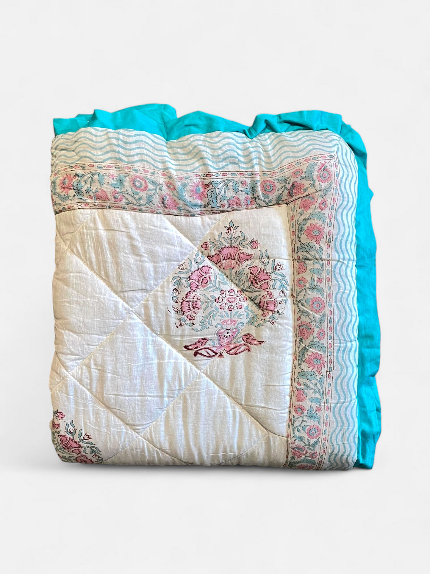 DAWN QUILTED COMFORTER  SINGLE SOFT IVORY & TURQOISE 54 x 90 IN