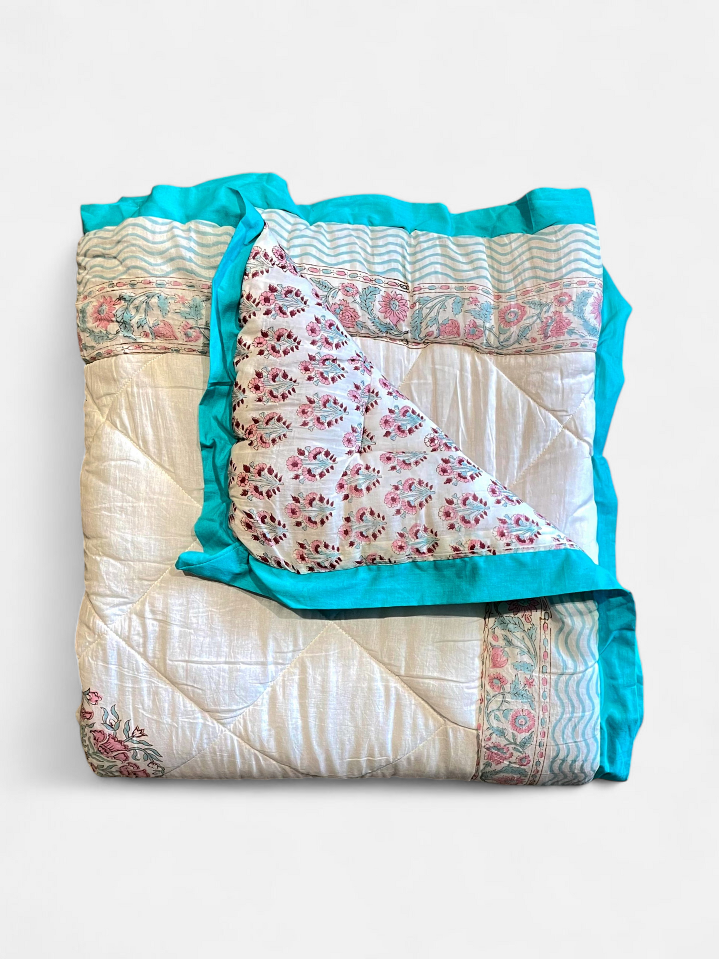 DAWN QUILTED COMFORTER  SINGLE SOFT IVORY & TURQOISE 54 x 90 IN