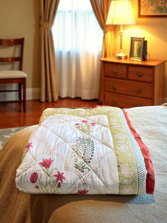 DASTOOR QUILTED COMFORTER  SINGLE IVORY & RUST 54 x 90 IN