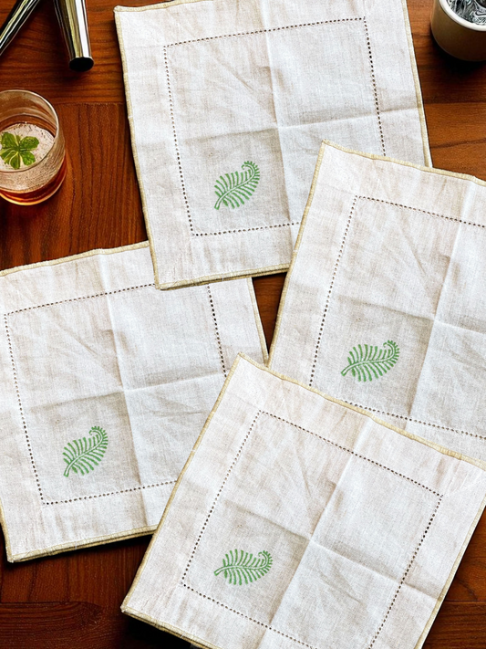 NERRA LEAF COCKTAIL NAPKIN BEIGE & GREEN (SET OF 4)