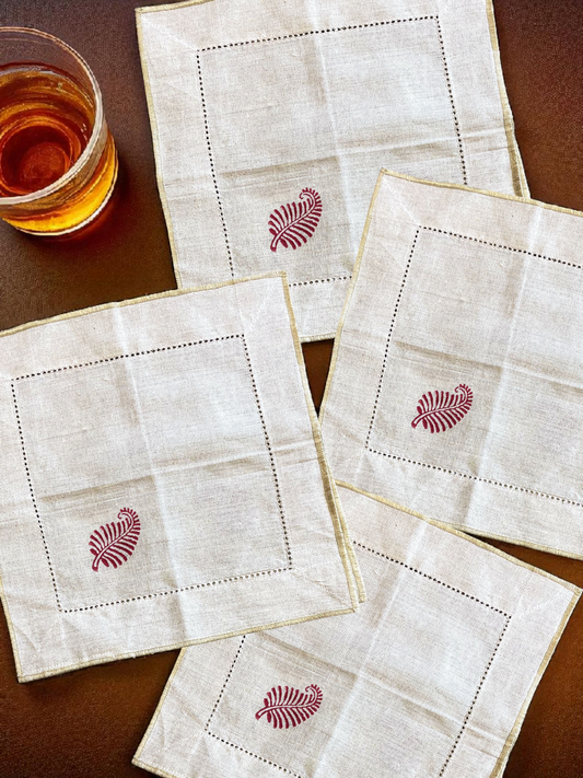 NERRA LEAF COCKTAIL NAPKIN BEIGE & PINK (SET OF 4)