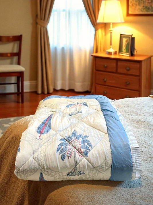 DELPHINA QUILTED COMFORTER  SINGLE IVORY WITH BLUE 54 x 90 IN