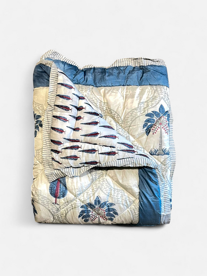 DELPHINA QUILTED COMFORTER  SINGLE IVORY WITH BLUE 54 x 90 IN