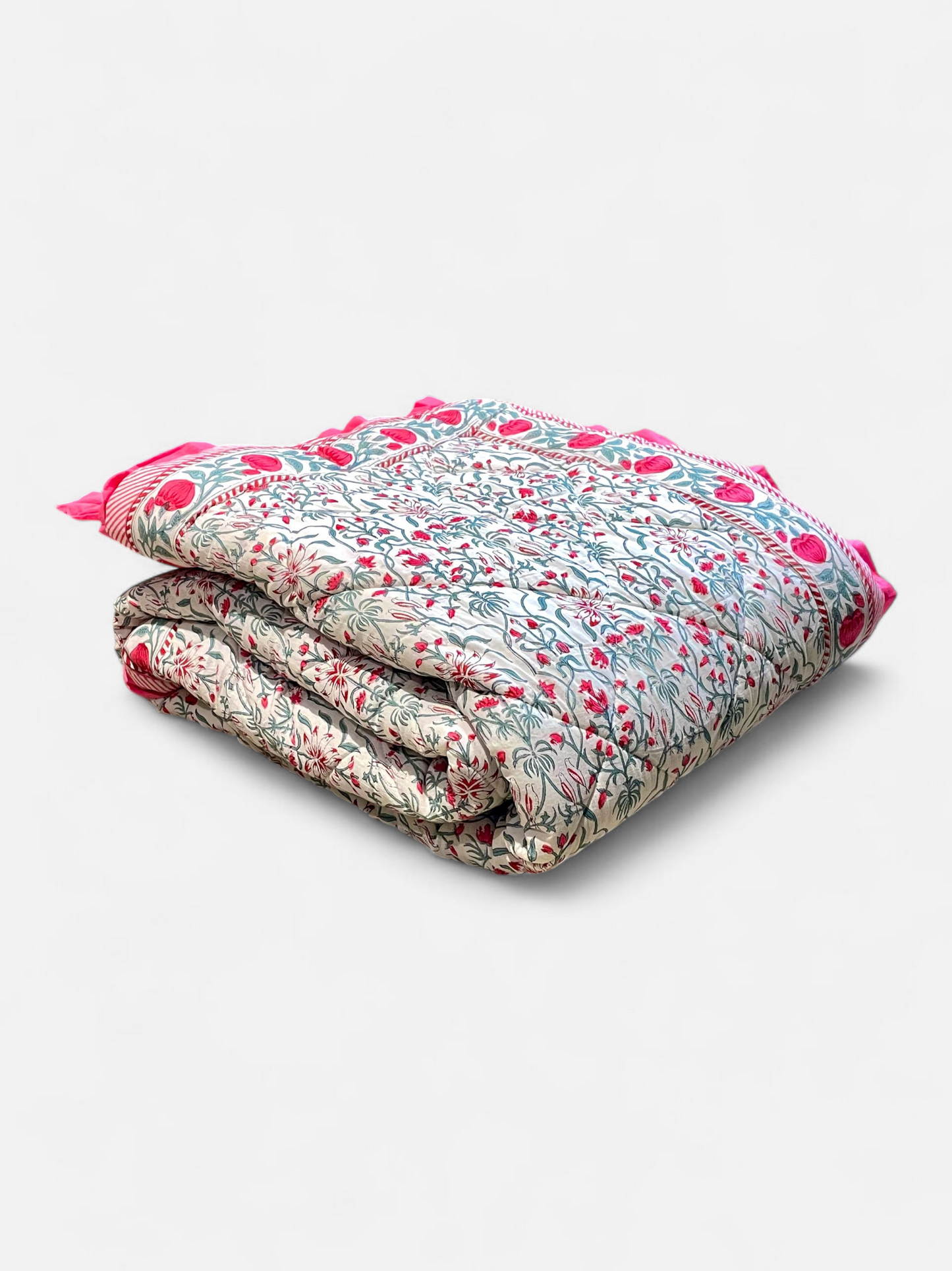 DEWDROP QUILTED COMFORTER SINGLE IVORY & MAGENTA PINK 54 x 90 IN