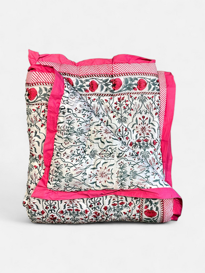 DEWDROP QUILTED COMFORTER SINGLE IVORY & MAGENTA PINK 54 x 90 IN
