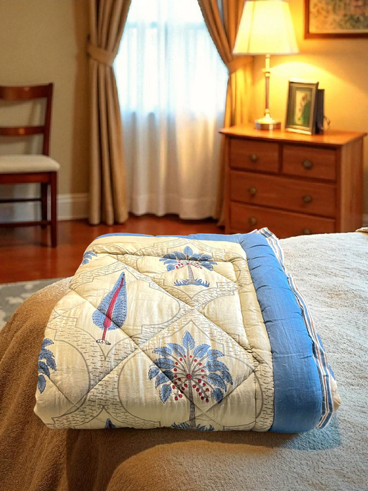 DELPHINA QUILTED COMFORTER  SINGLE BEIGE & BLUE 54 x 90 IN