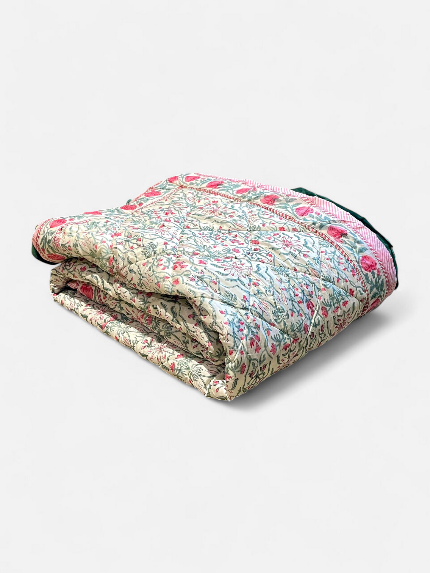 DEWDROP QUILTED COMFORTER SINGLE IVORY & GREEN 54 x 90 IN