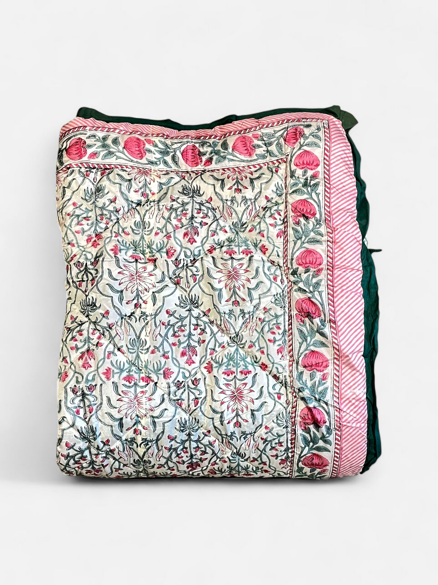 DEWDROP QUILTED COMFORTER SINGLE IVORY & GREEN 54 x 90 IN