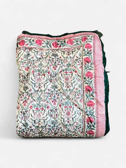 DEWDROP QUILTED COMFORTER SINGLE IVORY & GREEN 54 x 90 IN