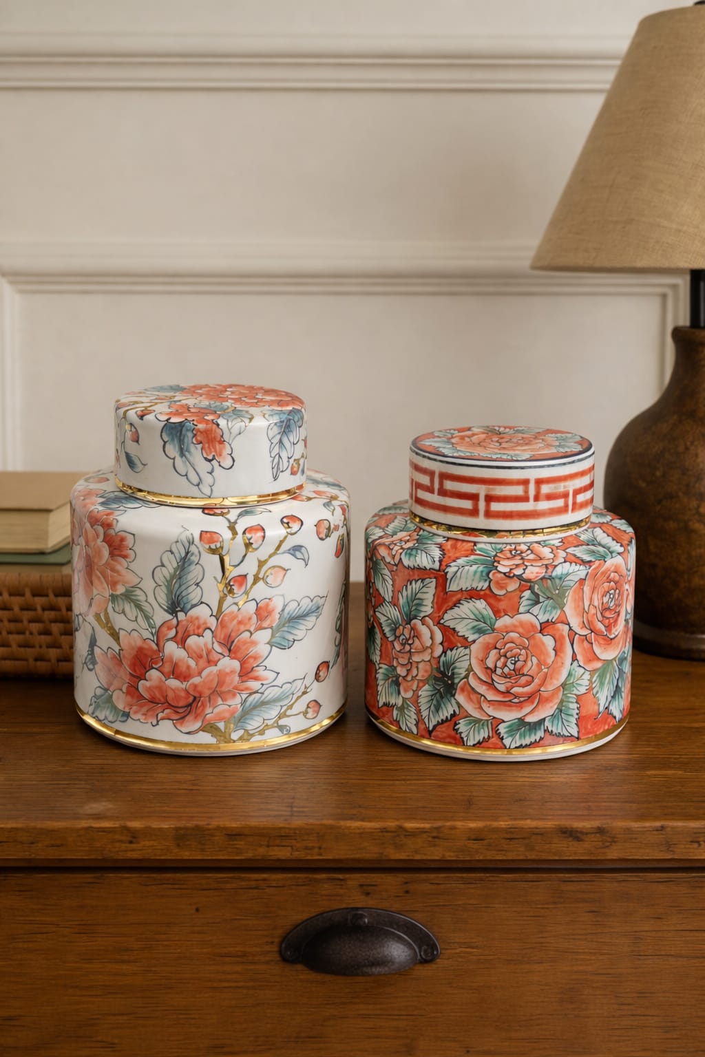 RED BLOSSOM JARS SET OF 2