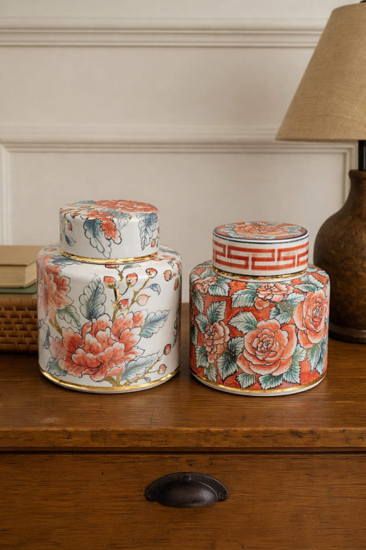 RED BLOSSOM JARS SET OF 2