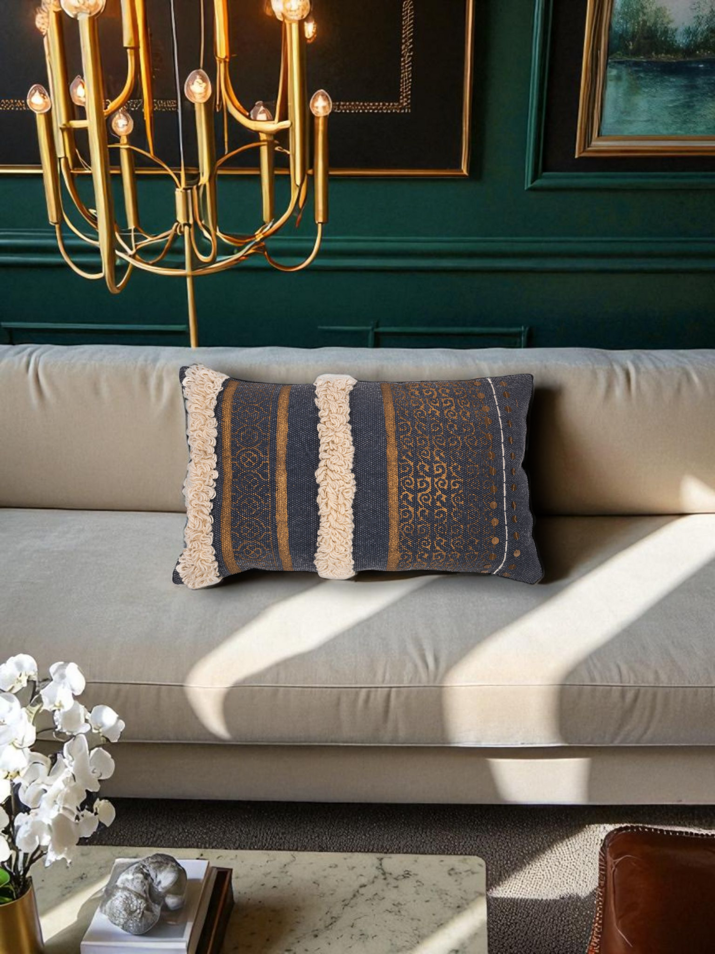 DRAPED MIDNIGHT LUMBER CUSHION BLACK 23 x 14 IN